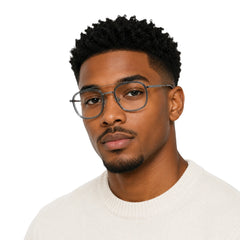 Man wearing OS SLOMGA 31008 modern double bridge square optical frame in grey and blue
