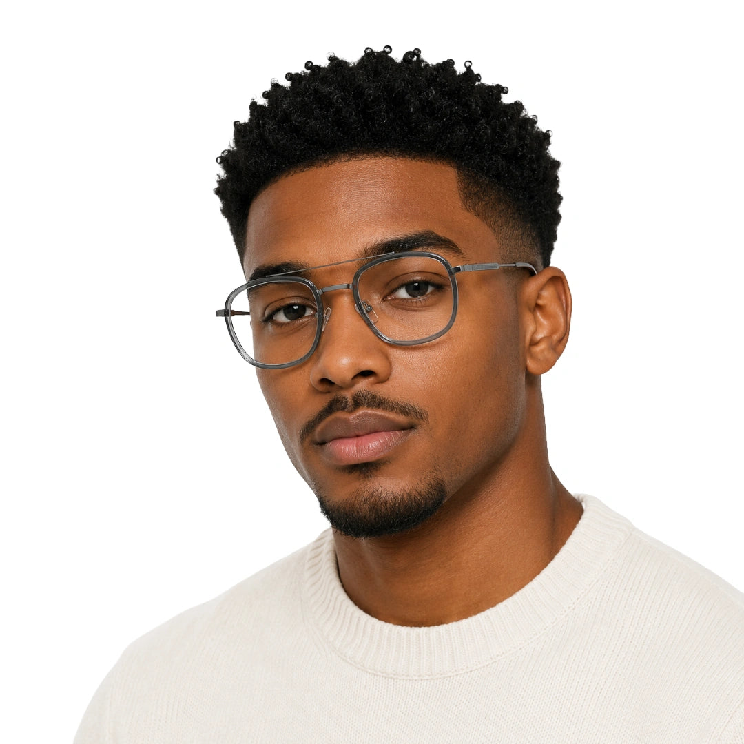 Man wearing OS SLOMGA 31008 modern double bridge square optical frame in grey and blue