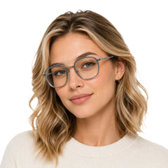Woman wearing OS SLOMGA 31008 modern double bridge square optical frame in grey and blue, front view