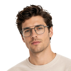 Man wearing OS SLOMGA 31008 modern double bridge square optical frame in grey and blue, front view