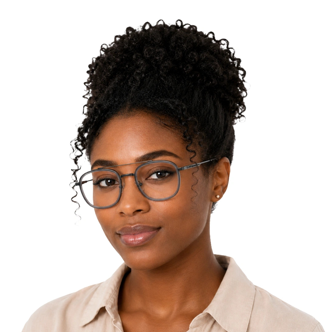 Woman wearing OS SLOMGA 31008 modern double bridge square optical frame in grey