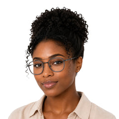 Woman wearing OS SLOMGA 31008 modern double bridge square optical frame in grey