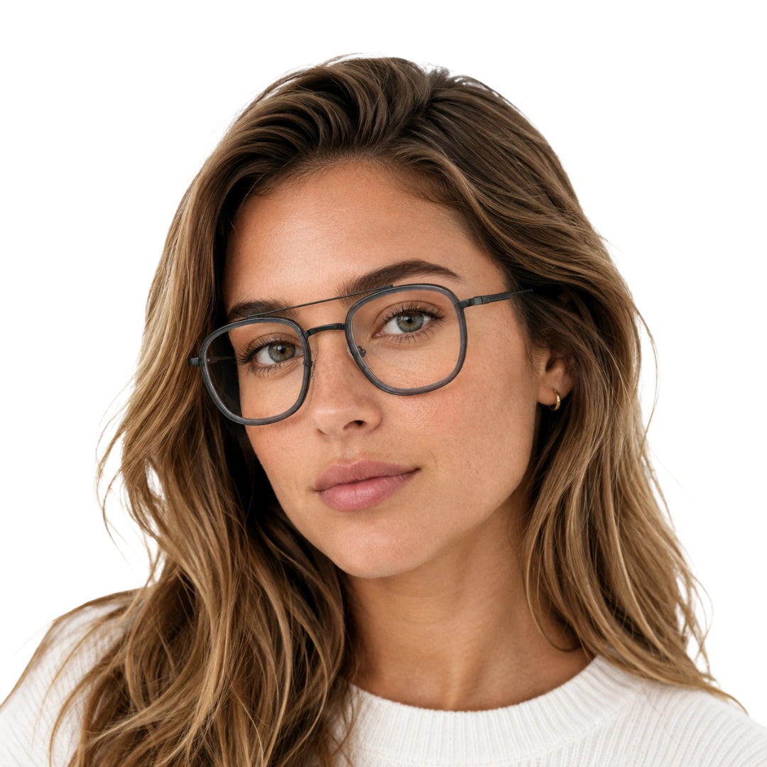 Woman wearing OS SLOMGA 31008 modern double bridge square optical frame in grey, front view
