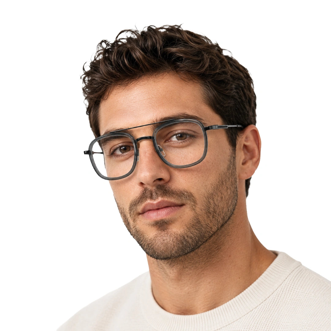 Man wearing OS SLOMGA 31008 modern double bridge square optical frame in grey, front view