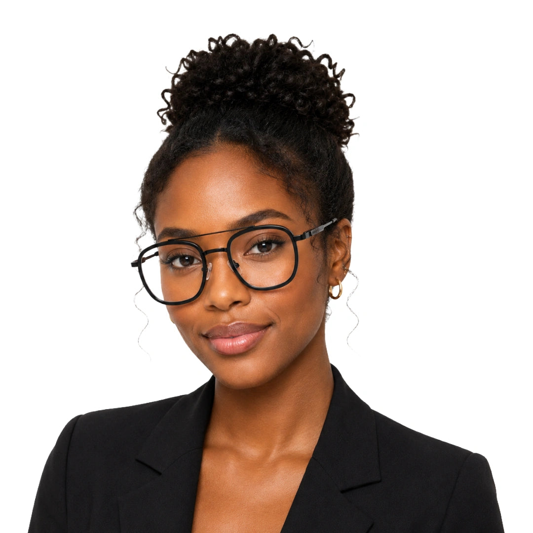 Woman wearing OS SLOMGA 31008 modern double bridge square optical frame in matte black
