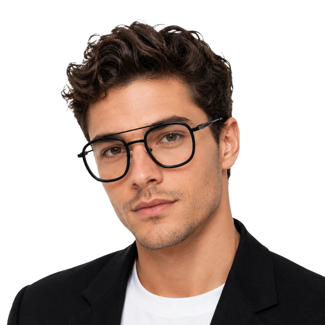 Man wearing OS SLOMGA 31008 modern double bridge square optical frame in matte black, front view