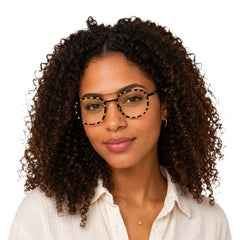 Woman wearing OS SLOMGA 31008 modern double bridge square optical frame in tortoise shell