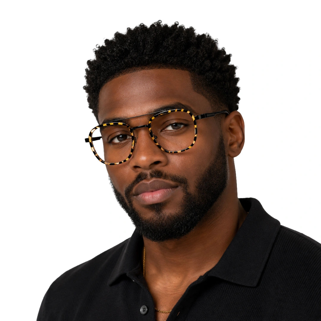 Man wearing OS SLOMGA 31008 modern double bridge square optical frame in tortoise shell