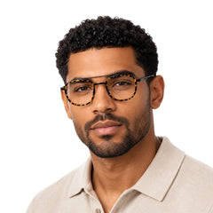 Man wearing OS SLOMGA 31008 modern double bridge square optical frame in tortoise shell, front view