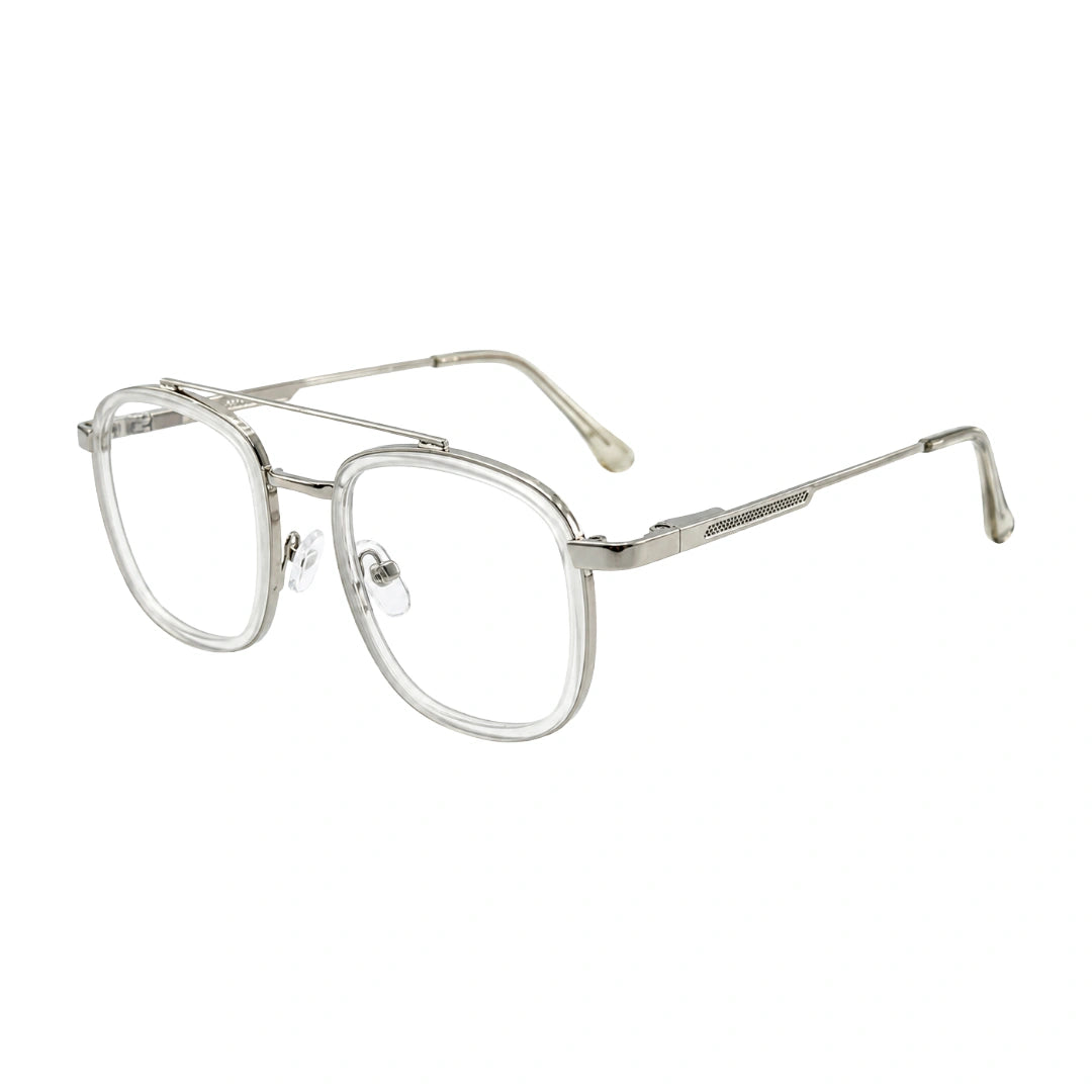 OS SLOMGA 31008 modern double bridge square optical frame in transparent, three-quarter angled view