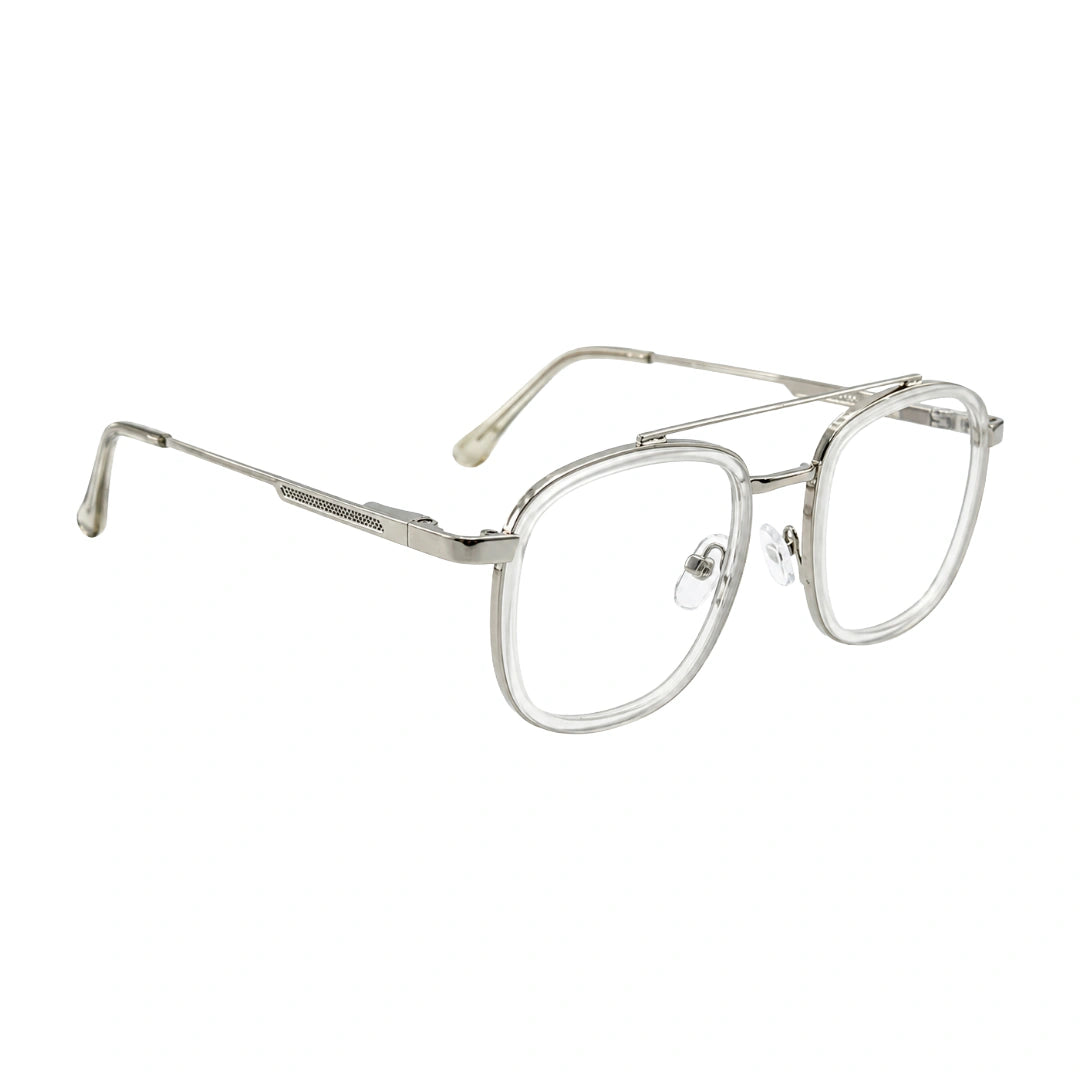 OS SLOMGA 31008 modern double bridge square optical frame in transparent, angled view