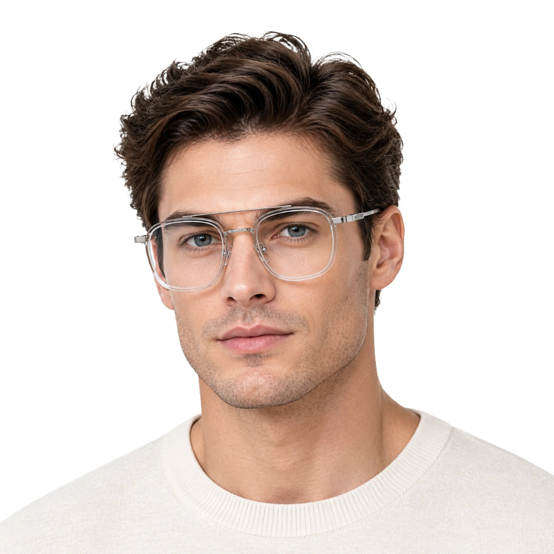 Man wearing OS SLOMGA 31008 modern double bridge square optical frame in transparent