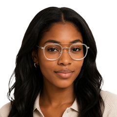 Woman wearing OS SLOMGA 31008 modern double bridge square optical frame in transparent, front view