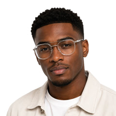 Man wearing OS SLOMGA 31008 modern double bridge square optical frame in transparent, front view
