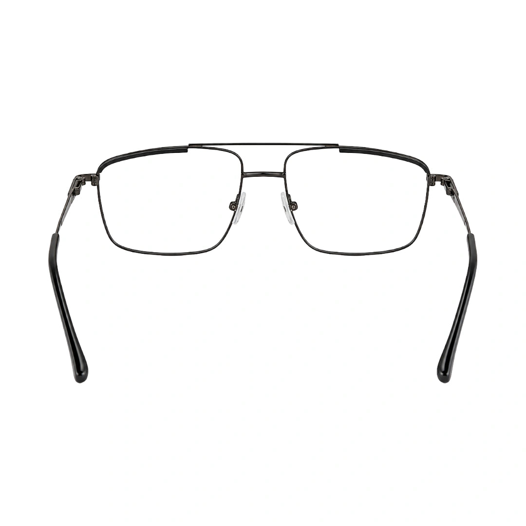 OS Slomga 31010 square double bridge metal prescription eyeglasses in black and brown, rear view