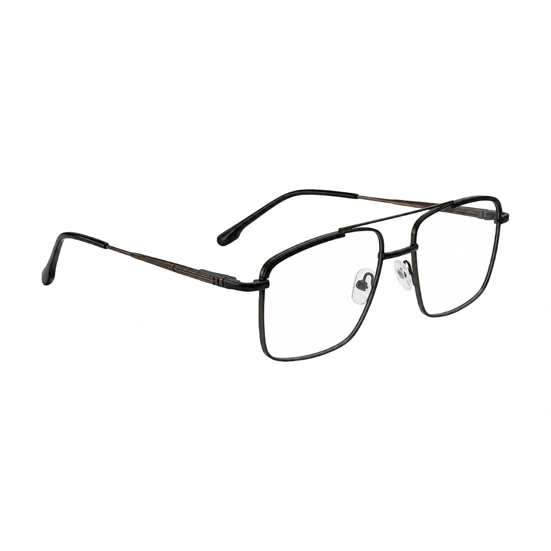 OS Slomga 31010 square double bridge metal prescription eyeglasses in black and brown, angled view