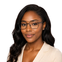 Woman wearing OS Slomga 31010 square double bridge metal prescription eyeglasses in black and brown