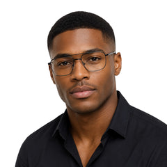 Man wearing OS Slomga 31010 square double bridge metal prescription eyeglasses in black and brown