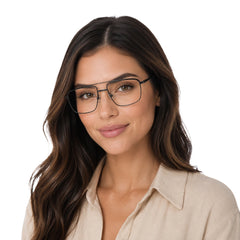Woman wearing OS Slomga 31010 square double bridge metal prescription eyeglasses in black and brown, front view