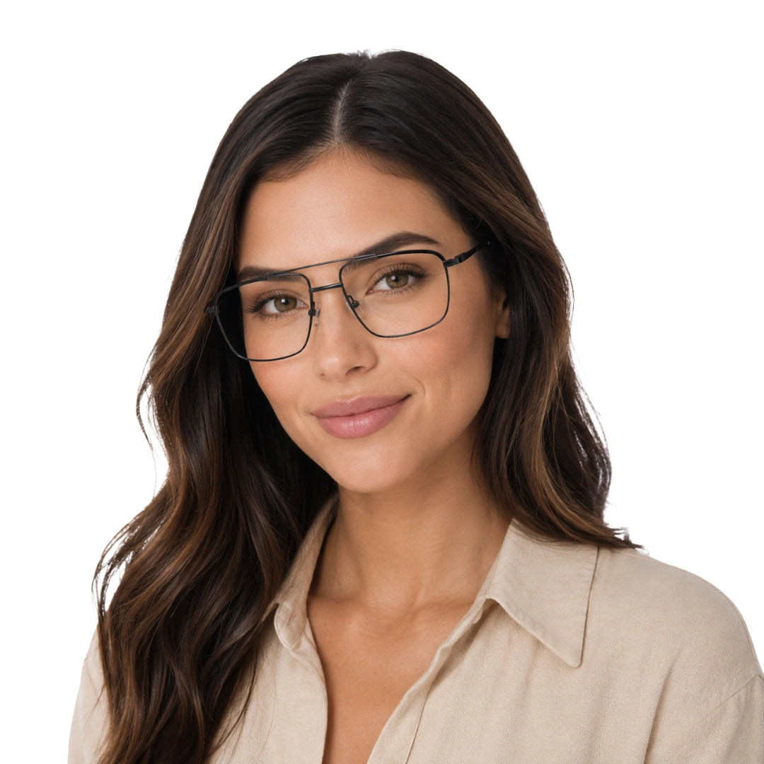 Woman wearing OS Slomga 31010 square double bridge metal prescription eyeglasses in black and brown, front view