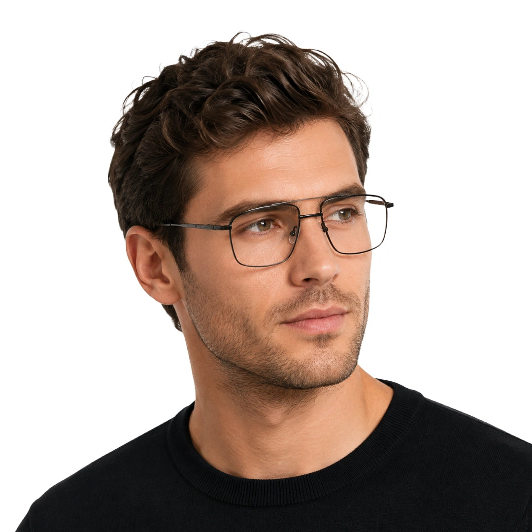Man wearing OS Slomga 31010 square double bridge metal prescription eyeglasses in black and brown, front view