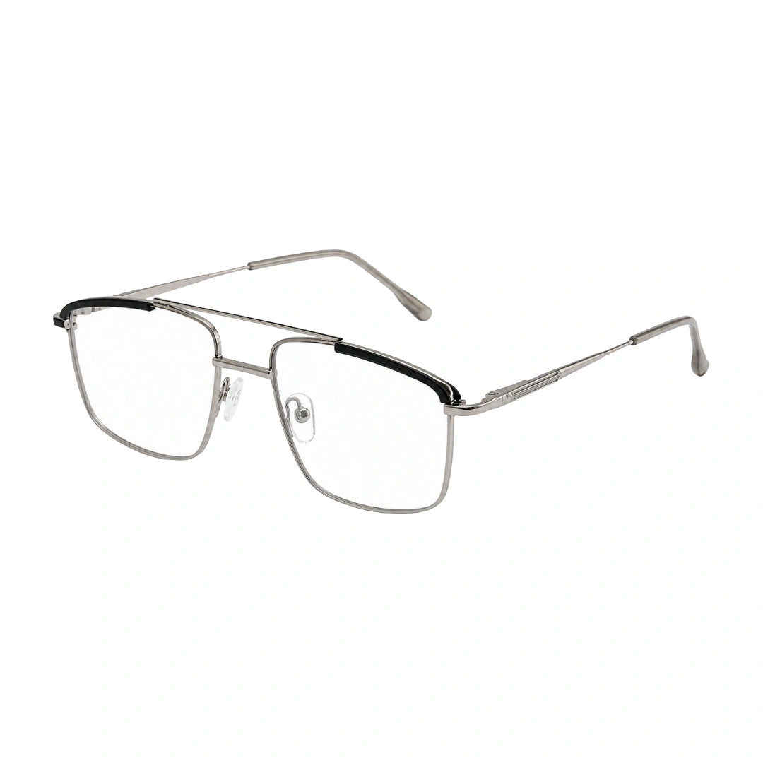 OS Slomga 31010 square double bridge metal prescription eyeglasses in black and silver, three-quarter angled view