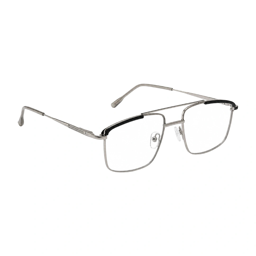 OS Slomga 31010 square double bridge metal prescription eyeglasses in black and silver, angled view