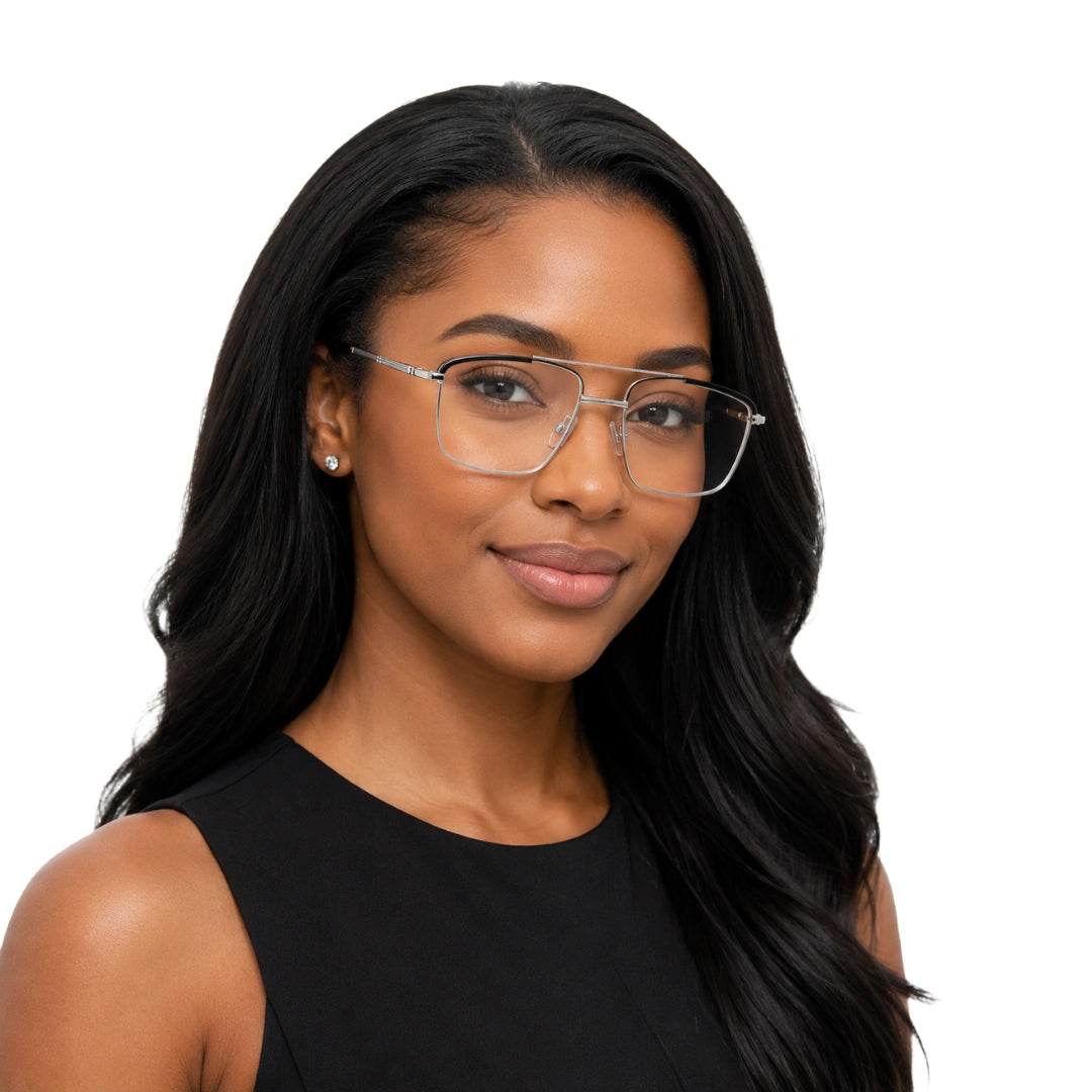Woman wearing OS Slomga 31010 square double bridge metal prescription eyeglasses in black and silver