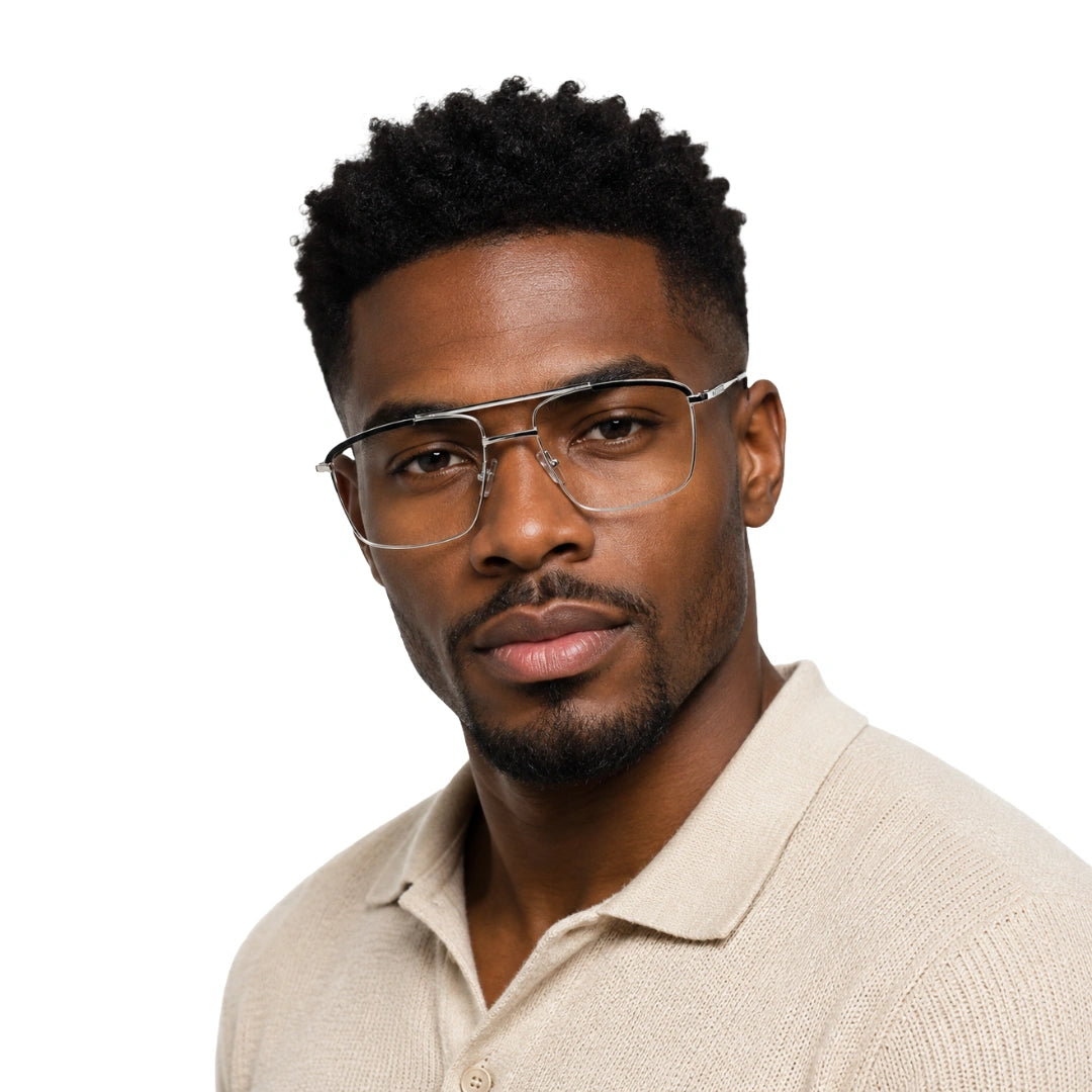 Man wearing OS Slomga 31010 square double bridge metal prescription eyeglasses in black and silver