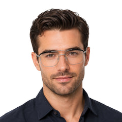 Man wearing OS Slomga 31010 square double bridge metal prescription eyeglasses in black and silver, front view