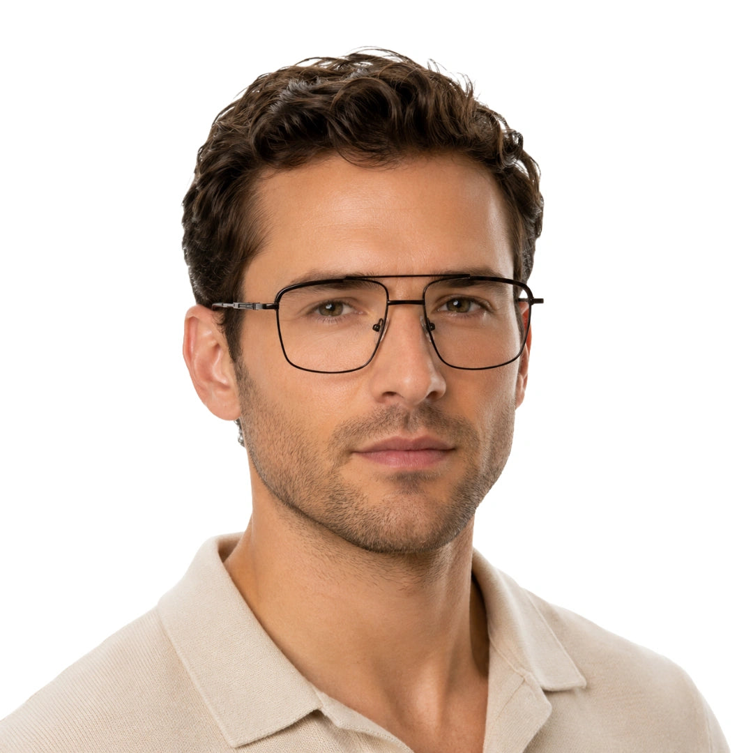 Man wearing OS Slomga 31010 square double bridge metal prescription eyeglasses in brown