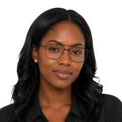 Woman wearing OS Slomga 31010 square double bridge metal prescription eyeglasses in brown, front view