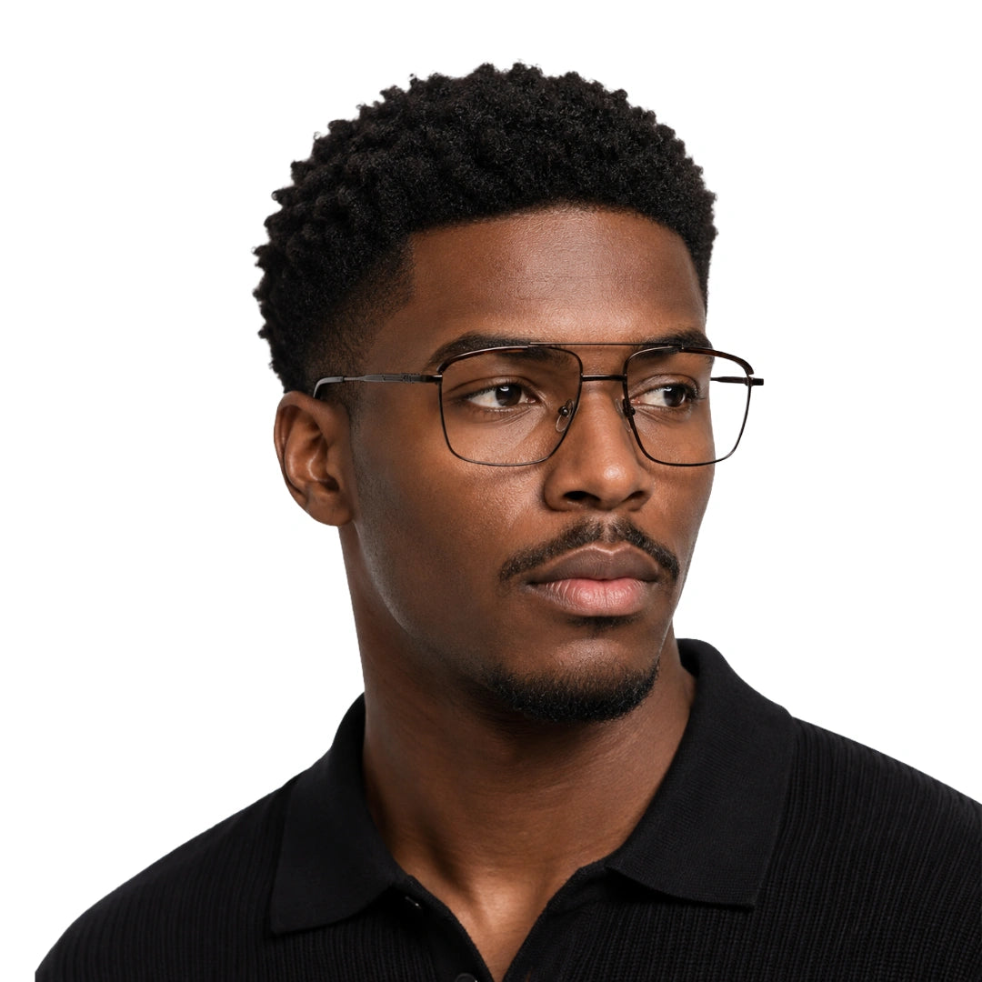 Man wearing OS Slomga 31010 square double bridge metal prescription eyeglasses in brown, front view