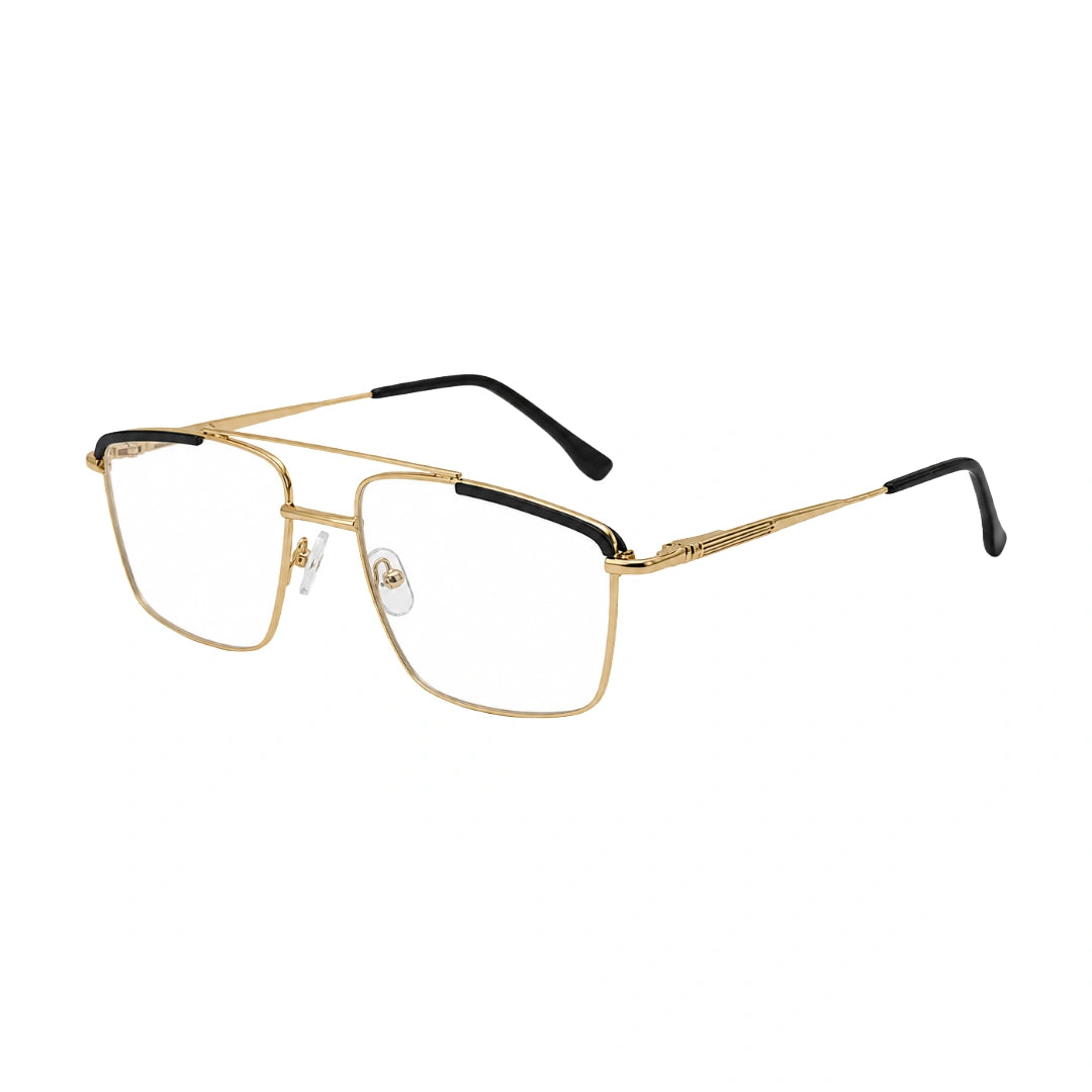 OS Slomga 31010 square double bridge metal prescription eyeglasses in gold and black, three-quarter angled view