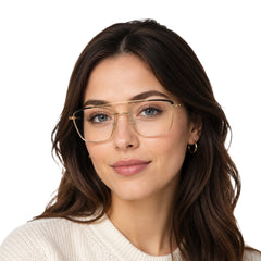 Woman wearing OS Slomga 31010 square double bridge metal prescription eyeglasses in gold and black