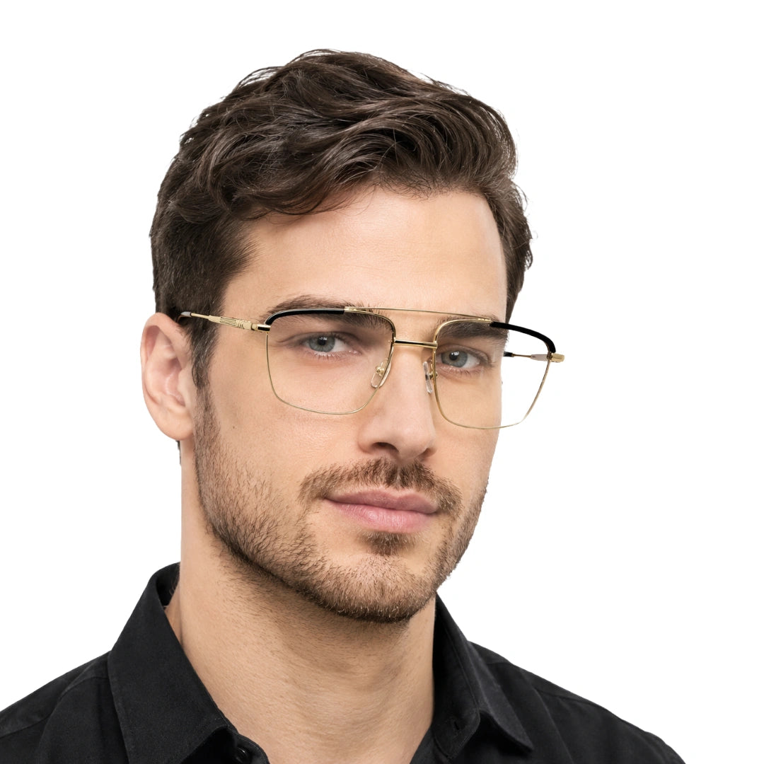 Man wearing OS Slomga 31010 square double bridge metal prescription eyeglasses in gold and black