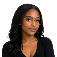 Woman wearing OS Slomga 31010 square double bridge metal prescription eyeglasses in gold and black, front view