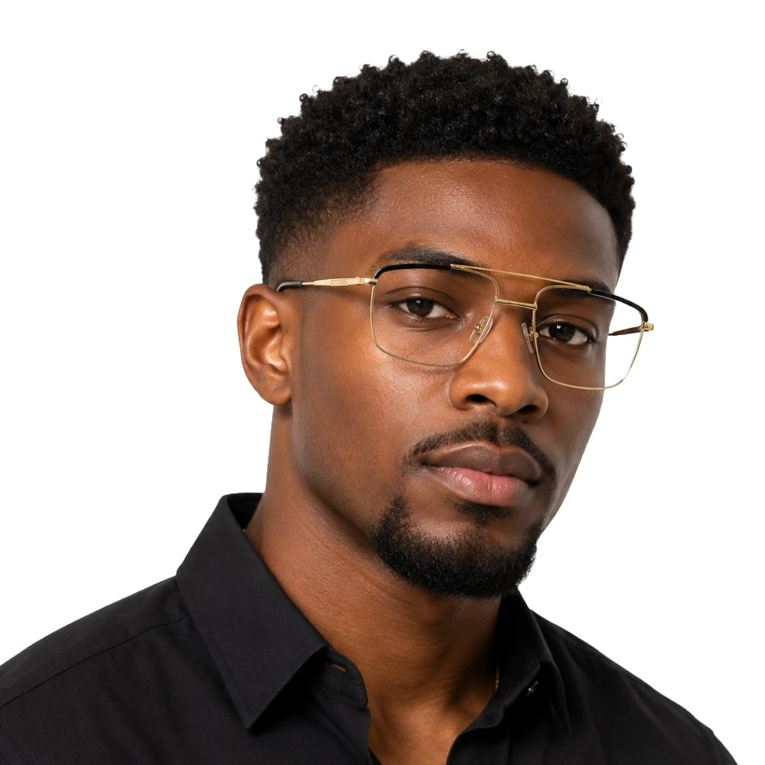 Man wearing OS Slomga 31010 square double bridge metal prescription eyeglasses in gold and black, front view