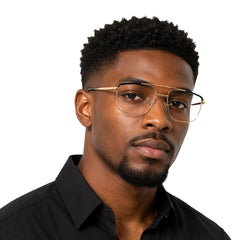 Man wearing OS Slomga 31010 square double bridge metal prescription eyeglasses in gold and black, front view