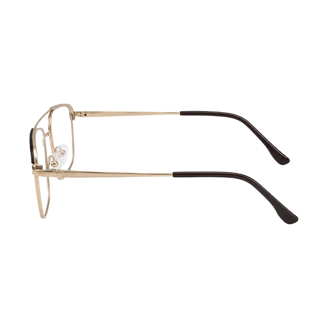 OS Slomga 31010 square double bridge metal prescription eyeglasses in gold and brown, side profile view