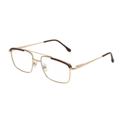 OS Slomga 31010 square double bridge metal prescription eyeglasses in gold and brown, three-quarter angled view