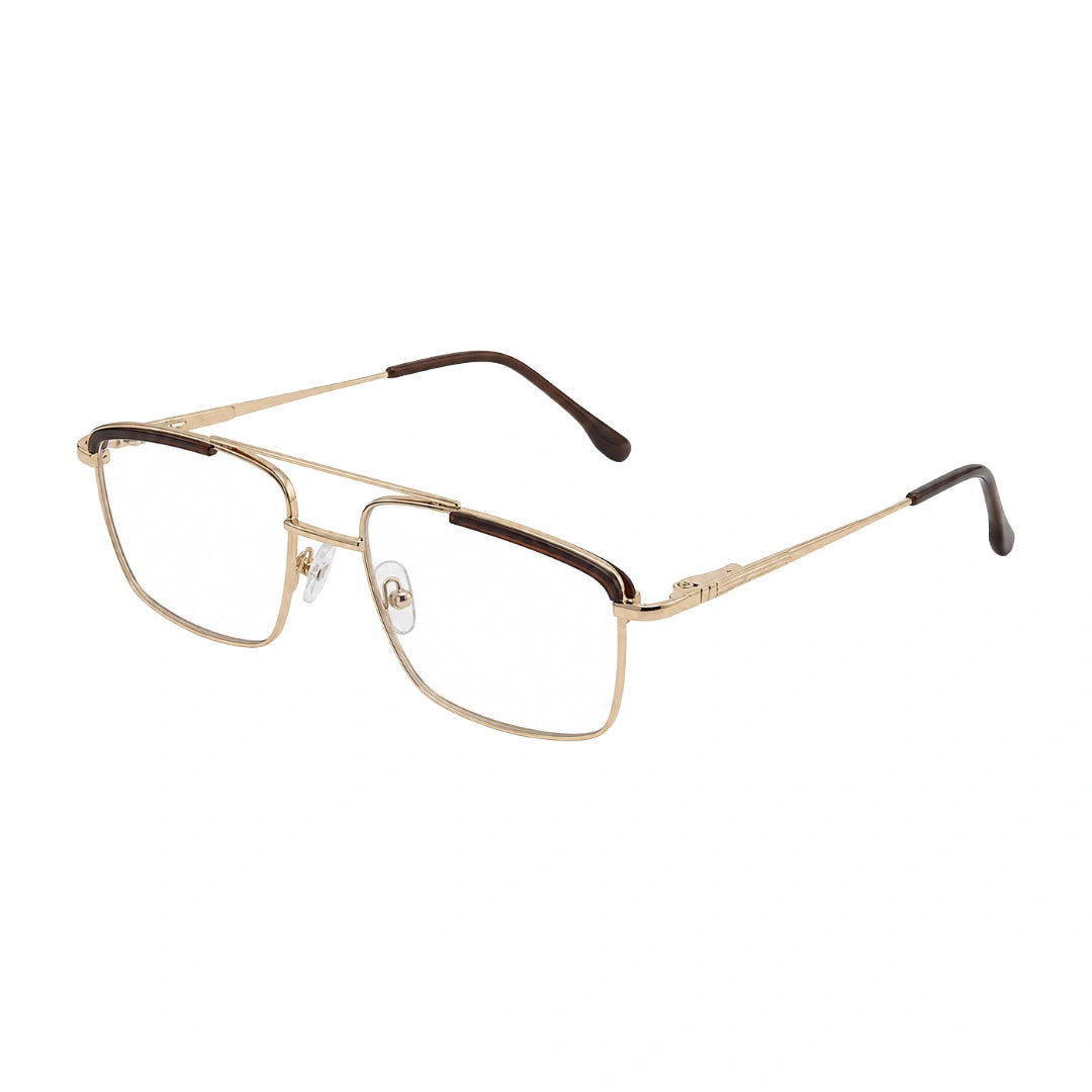 OS Slomga 31010 square double bridge metal prescription eyeglasses in gold and brown, three-quarter angled view