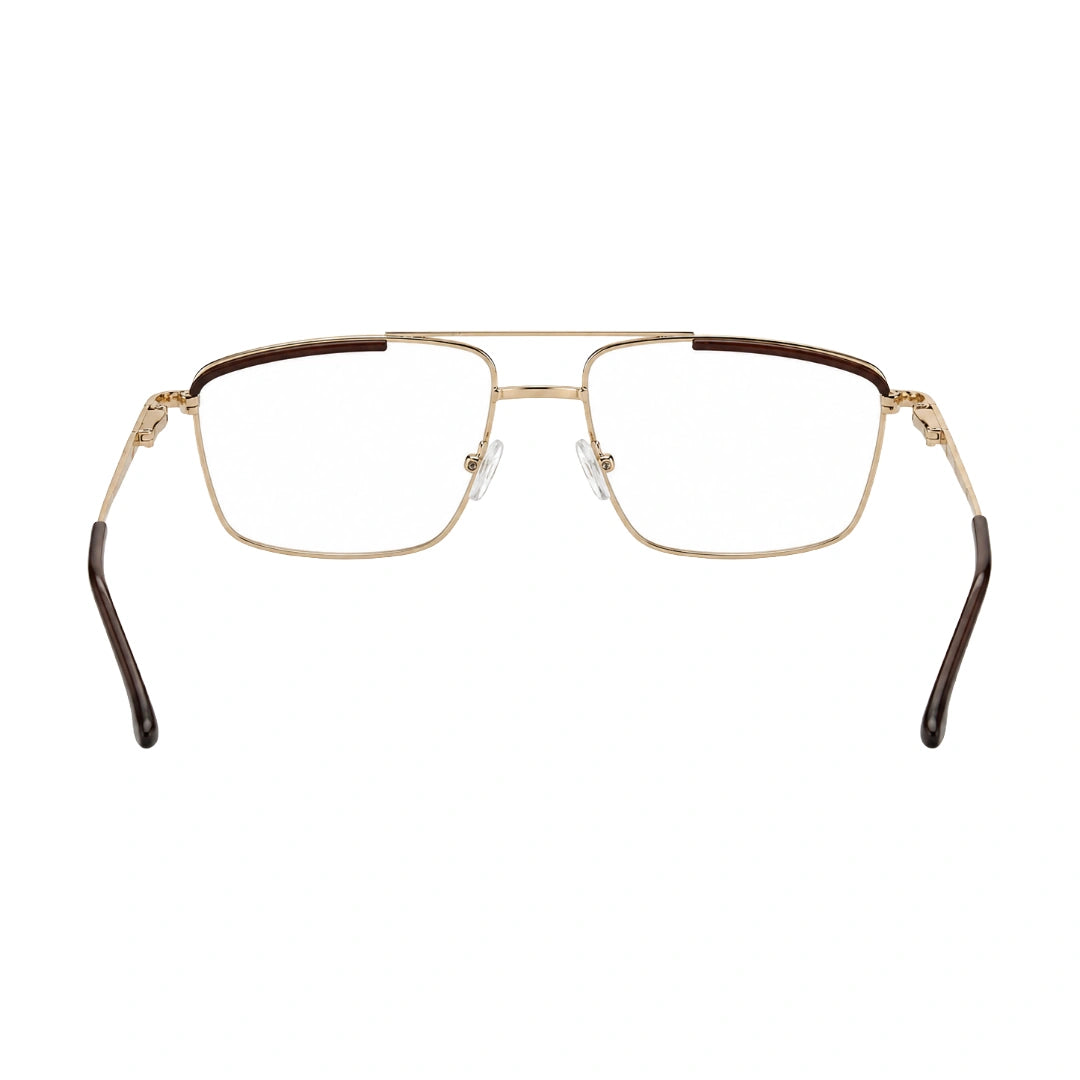 OS Slomga 31010 square double bridge metal prescription eyeglasses in gold and brown, rear view