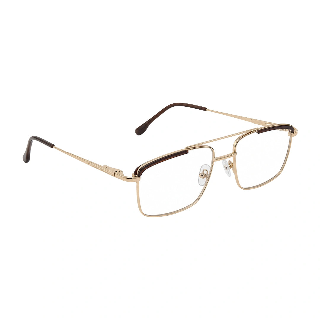OS Slomga 31010 square double bridge metal prescription eyeglasses in gold and brown, angled view