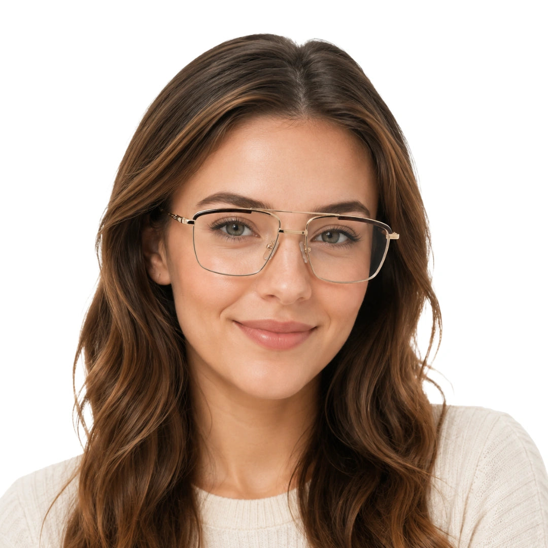 Woman wearing OS Slomga 31010 square double bridge metal prescription eyeglasses in gold and brown