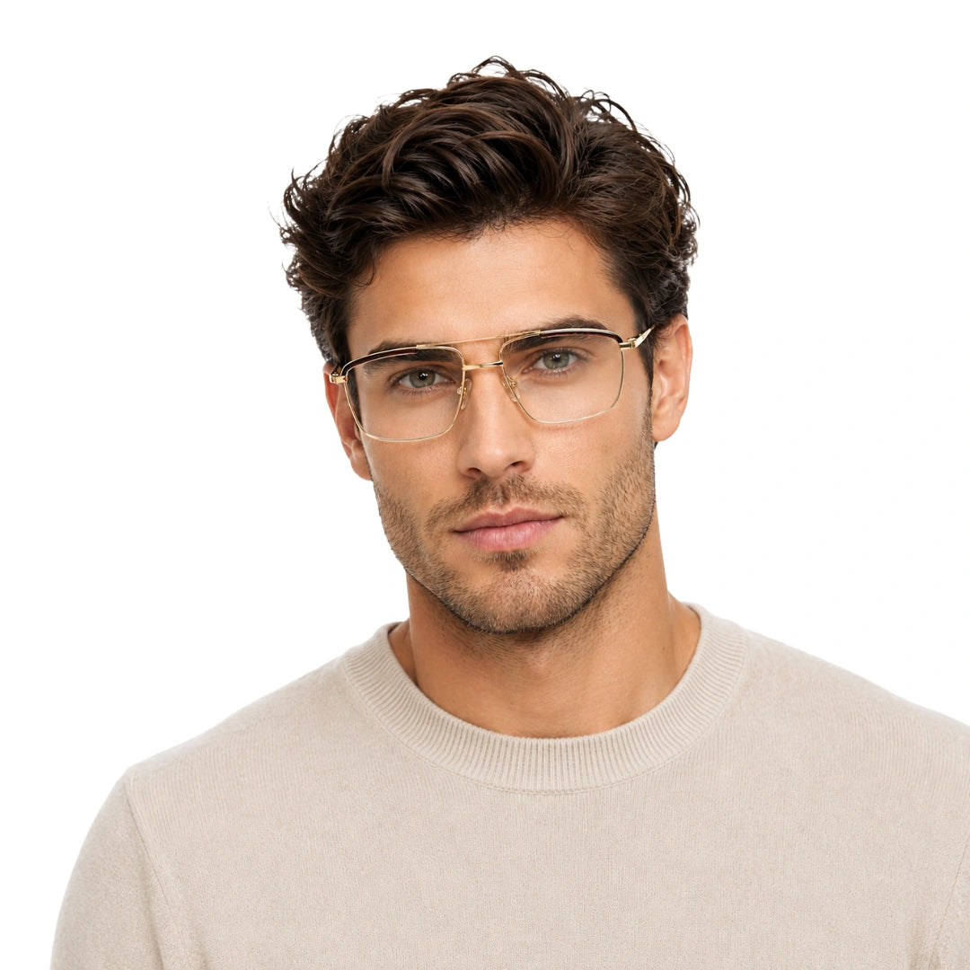 Man wearing OS Slomga 31010 square double bridge metal prescription eyeglasses in gold and brown