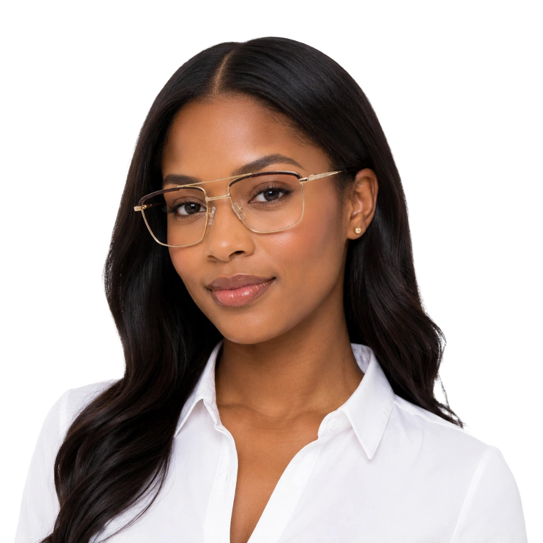 Woman wearing OS Slomga 31010 square double bridge metal prescription eyeglasses in gold and brown, front view