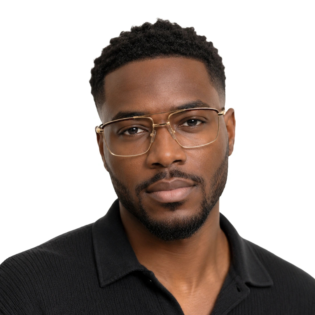 Man wearing OS Slomga 31010 square double bridge metal prescription eyeglasses in gold and brown, front view
