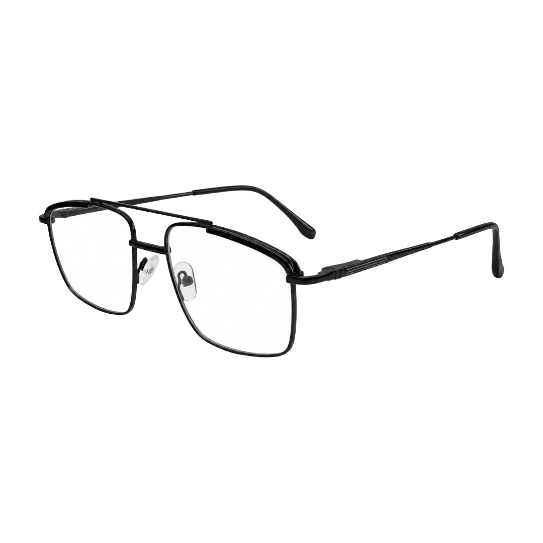OS Slomga 31010 square double bridge metal prescription eyeglasses in glossy black, three-quarter angled view