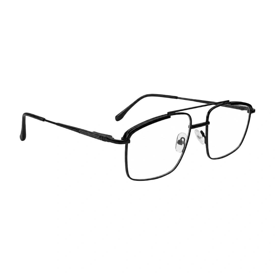 OS Slomga 31010 square double bridge metal prescription eyeglasses in glossy black, angled view